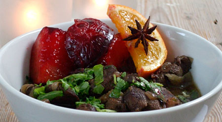 Juniper and Orange Infused Venison Casserole with Gin Soused Plums